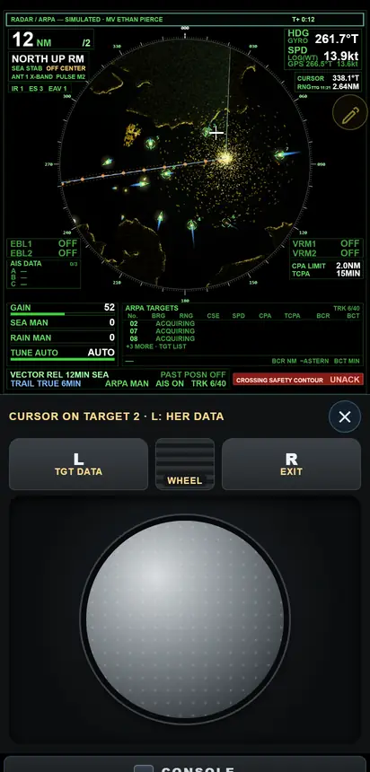 The radar above a trackball panel reading Cursor on target 2, L: her data.