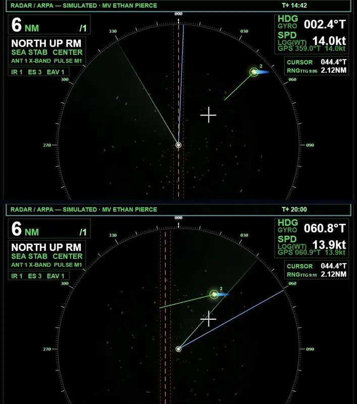Two radar pictures of the same target: above, own heading 002 degrees with the target closing; below, own heading 060 degrees with the target passing clear.