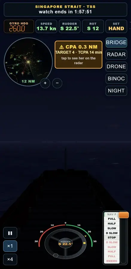 A CPA 0.3 NM alarm for target 4 on the home watch in the Singapore Strait at night.