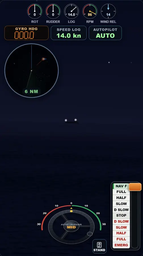 The bridge view at night: the lights of two ships on the horizon, a radar minimap, the wheel and the engine telegraph.
