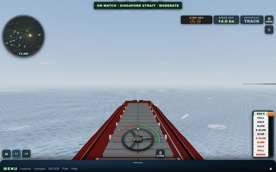 A tablet in landscape: the bridge view by day on watch in the Singapore Strait, with the radar minimap and the helm.