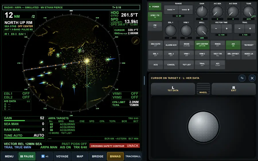 A tablet in landscape: the radar on the left, the console knobs and the trackball on the right.
