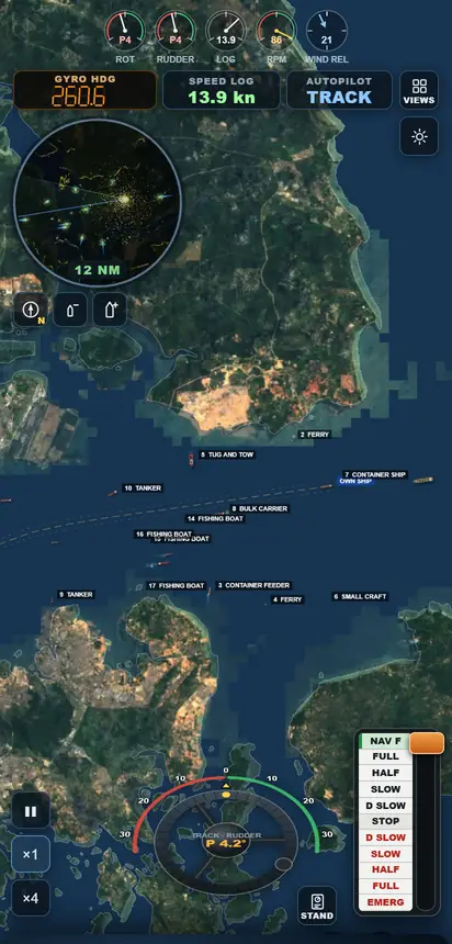 The MAP view: own ship and nearby traffic on a satellite chart of the coast.